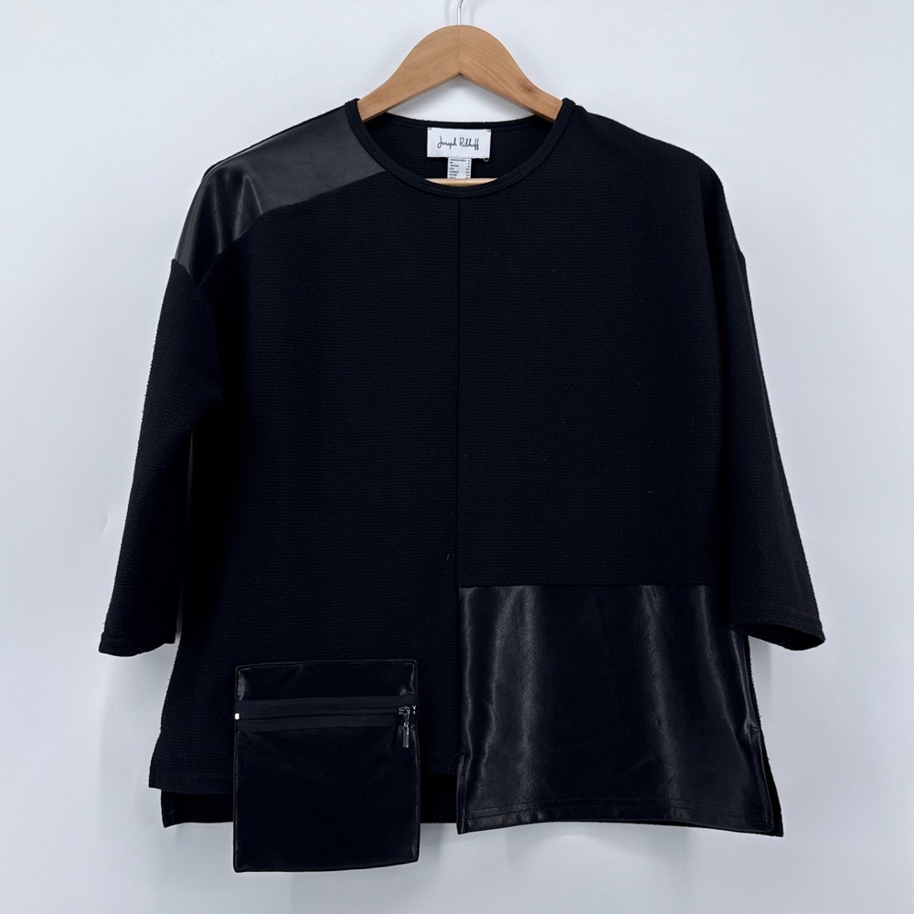 Joseph Ribkoff Black Textured Knit Faux Leather Details Zip Pocket Top‎ Size 6